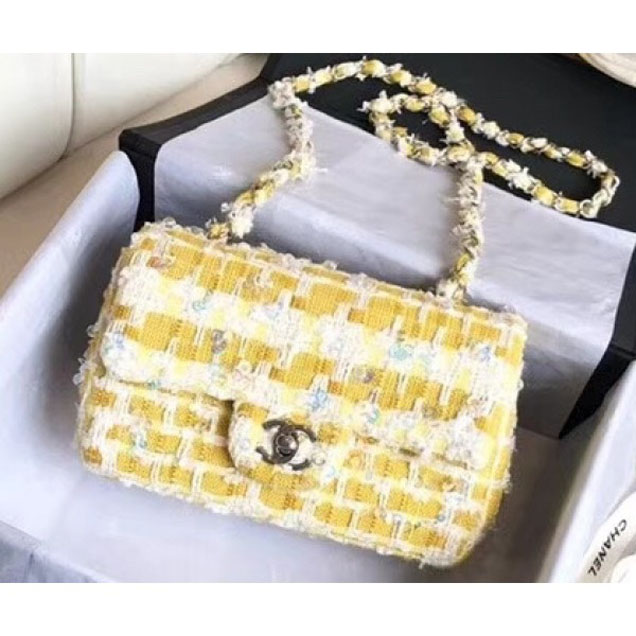 Chanel Tweed Sequins Small Flap Bag Yellow 2018