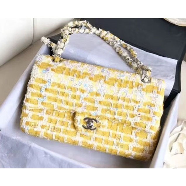 Chanel Tweed Sequins Medium Flap Bag Yellow 2018