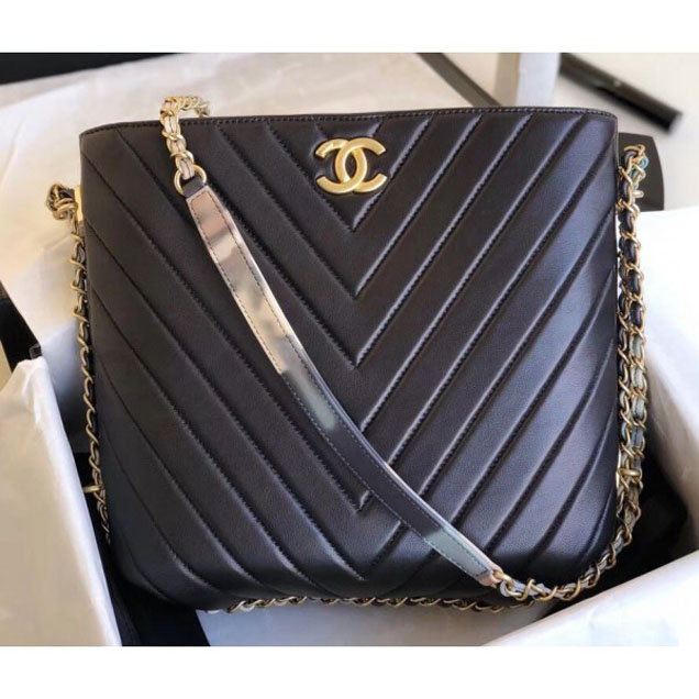 Chanel Chevron Multicolor Chain Bucket Bag Black 2018