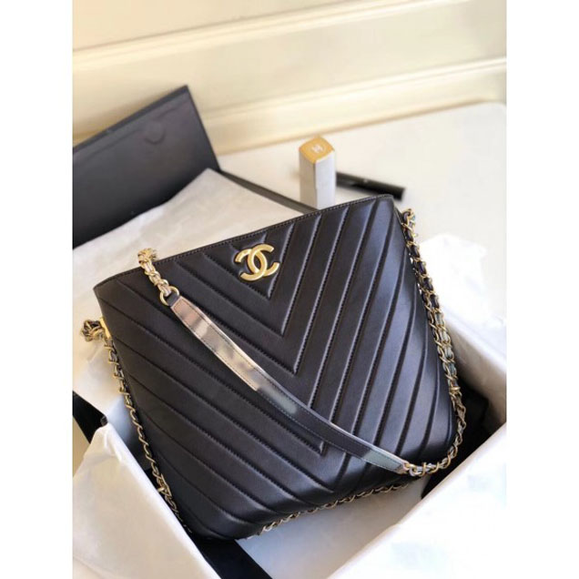 Chanel Chevron Multicolor Chain Bucket Bag Black 2018