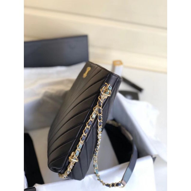 Chanel Chevron Multicolor Chain Bucket Bag Black 2018