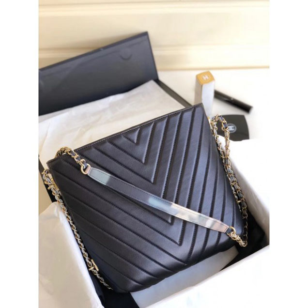 Chanel Chevron Multicolor Chain Bucket Bag Black 2018