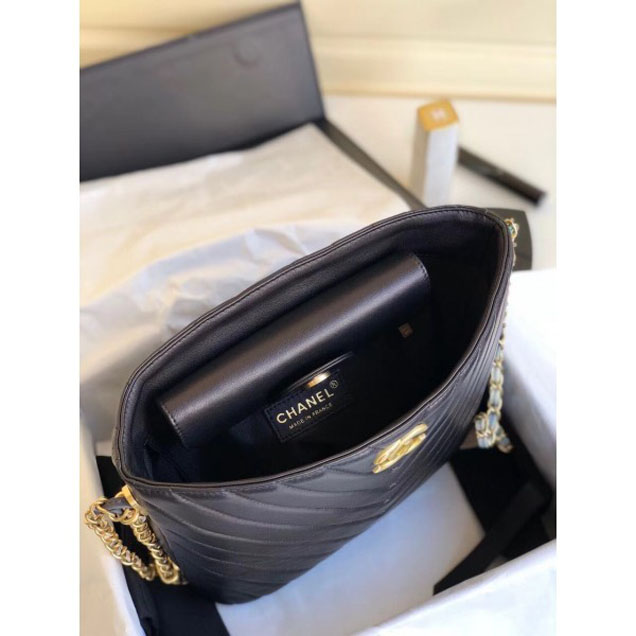 Chanel Chevron Multicolor Chain Bucket Bag Black 2018