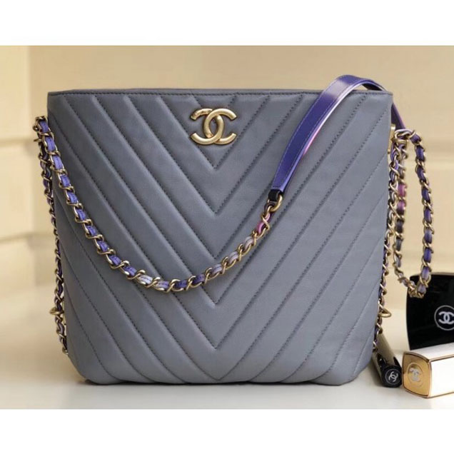 Chanel Chevron Multicolor Chain Bucket Bag Gray 2018