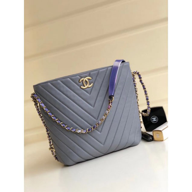 Chanel Chevron Multicolor Chain Bucket Bag Gray 2018