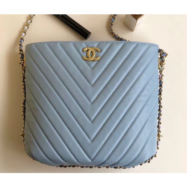 Chanel Chevron Multicolor Chain Bucket Bag Light Blue 2018