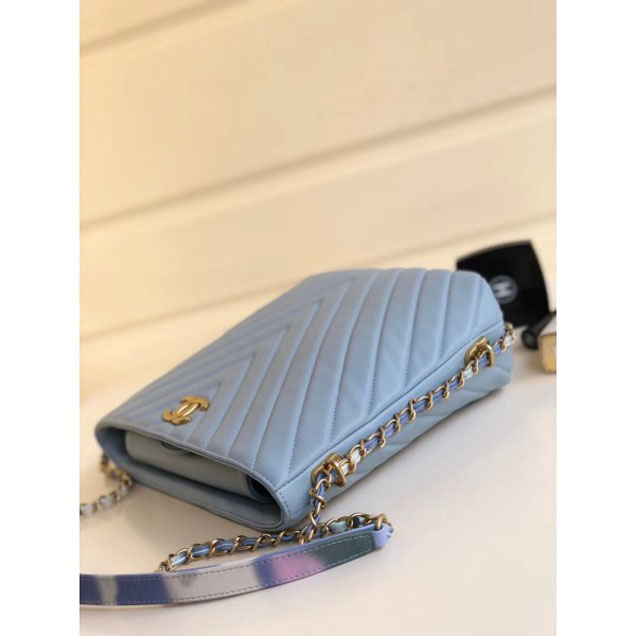 Chanel Chevron Multicolor Chain Bucket Bag Light Blue 2018