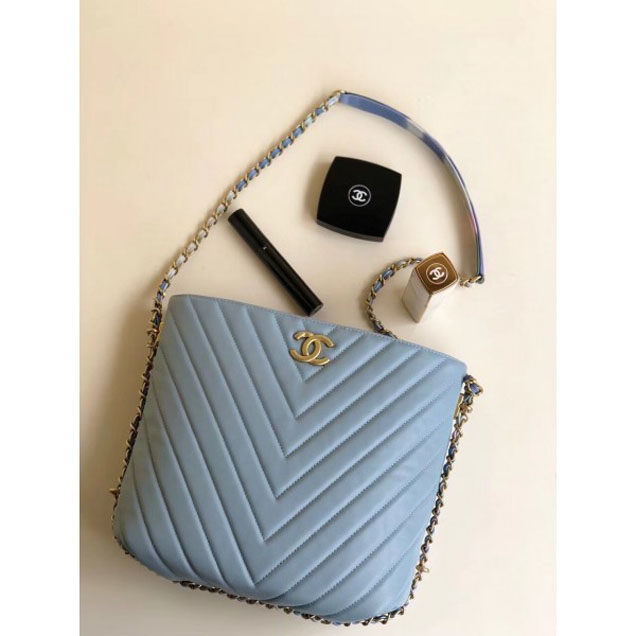Chanel Chevron Multicolor Chain Bucket Bag Light Blue 2018