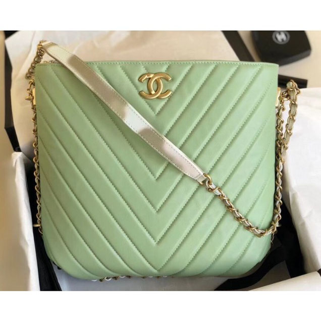 Chanel Chevron Multicolor Chain Bucket Bag Light Green 2018