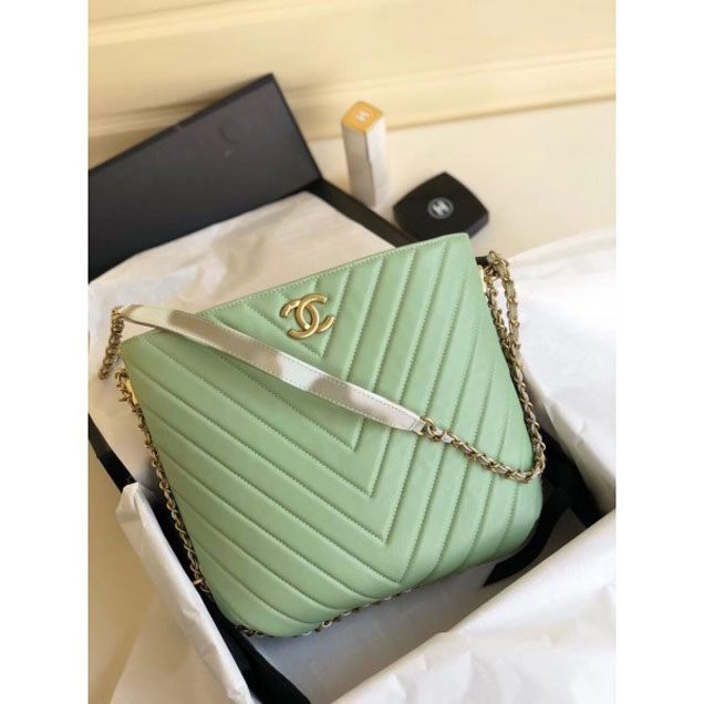 Chanel Chevron Multicolor Chain Bucket Bag Light Green 2018
