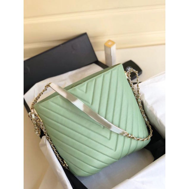 Chanel Chevron Multicolor Chain Bucket Bag Light Green 2018