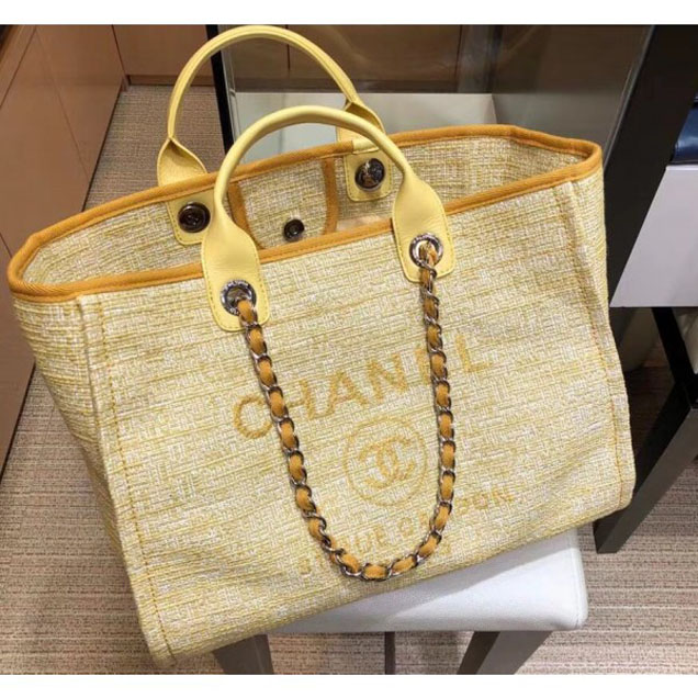 Chanel Deauville Canvas Shopping Tote Medium Bag Yellow