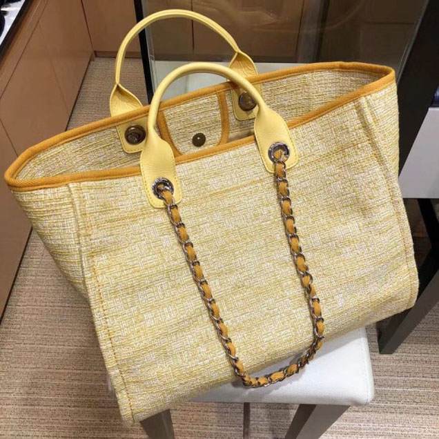 Chanel Deauville Canvas Shopping Tote Medium Bag Yellow