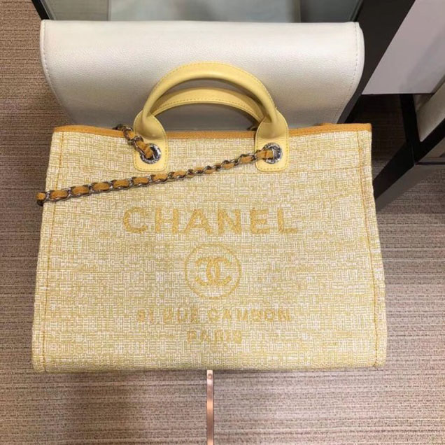 Chanel Deauville Canvas Shopping Tote Medium Bag Yellow