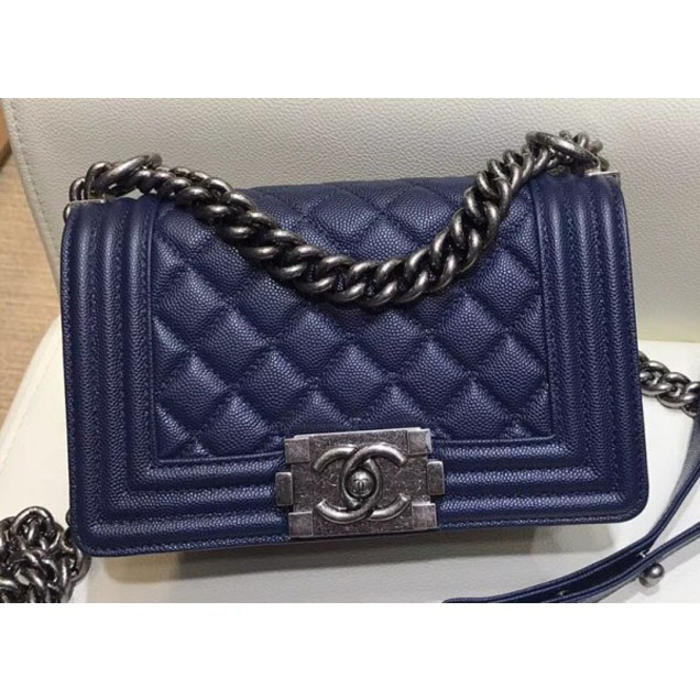 Chanel Small Boy Flap Shoulder Bag in Original Caviar Leather Royal Blue with Silver Hardware