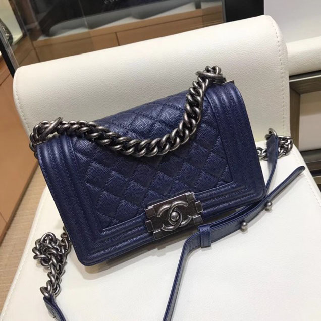 Chanel Small Boy Flap Shoulder Bag in Original Caviar Leather Royal Blue with Silver Hardware