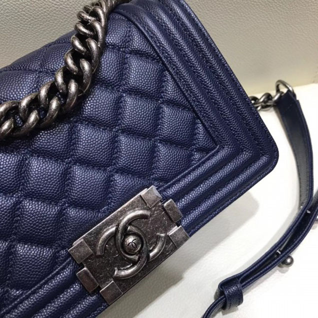 Chanel Small Boy Flap Shoulder Bag in Original Caviar Leather Royal Blue with Silver Hardware