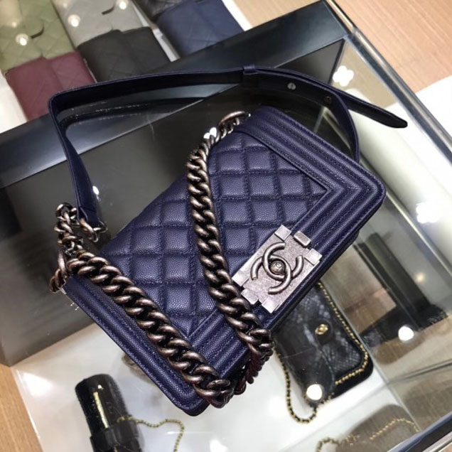 Chanel Small Boy Flap Shoulder Bag in Original Caviar Leather Royal Blue with Silver Hardware