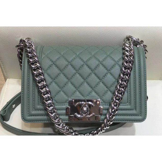 Chanel Small Boy Flap Shoulder Bag in Original Caviar Leather Light Green with Silver Hardware