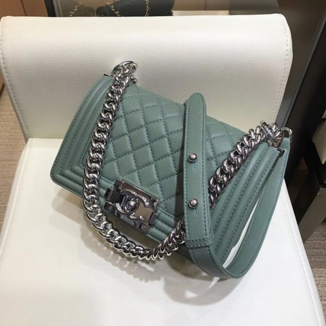 Chanel Small Boy Flap Shoulder Bag in Original Caviar Leather Light Green with Silver Hardware