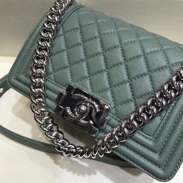 Chanel Small Boy Flap Shoulder Bag in Original Caviar Leather Light Green with Silver Hardware