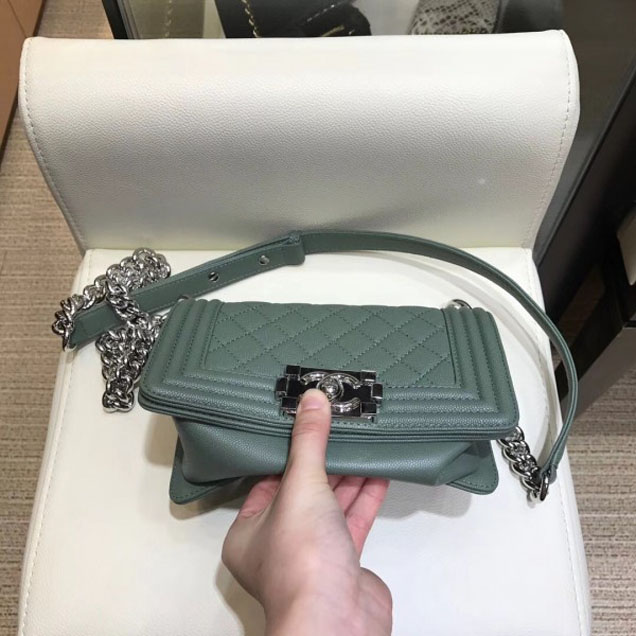 Chanel Small Boy Flap Shoulder Bag in Original Caviar Leather Light Green with Silver Hardware