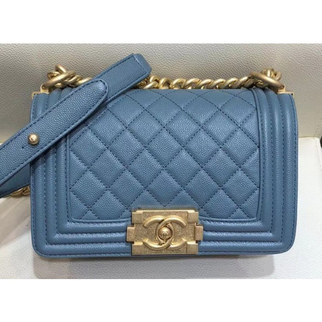 Chanel Small Boy Flap Shoulder Bag in Original Caviar Leather Denim Blue with Gold Hardware