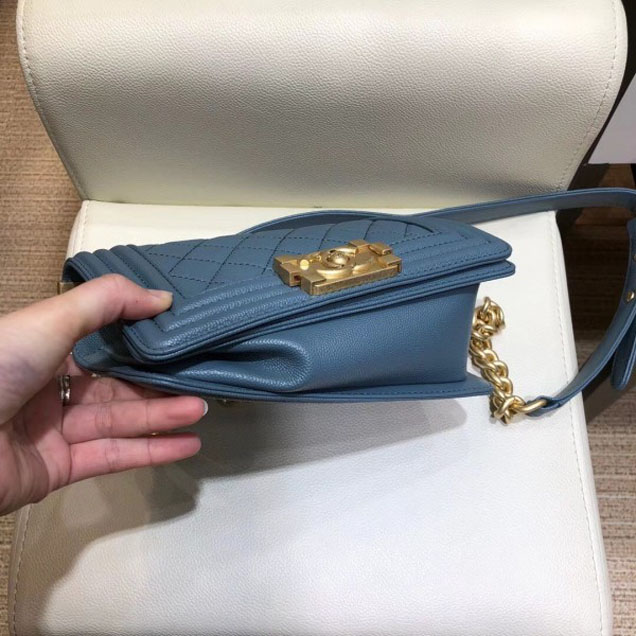 Chanel Small Boy Flap Shoulder Bag in Original Caviar Leather Denim Blue with Gold Hardware