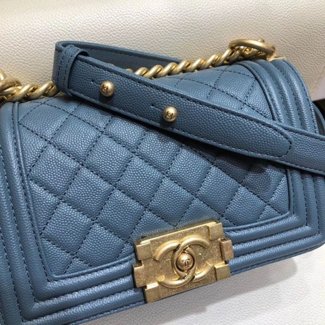 Chanel Small Boy Flap Shoulder Bag in Original Caviar Leather Denim Blue with Gold Hardware