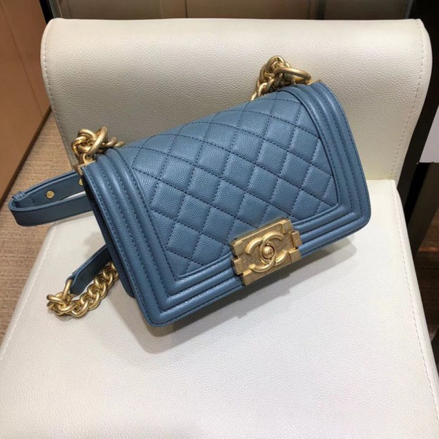 Chanel Small Boy Flap Shoulder Bag in Original Caviar Leather Denim Blue with Gold Hardware