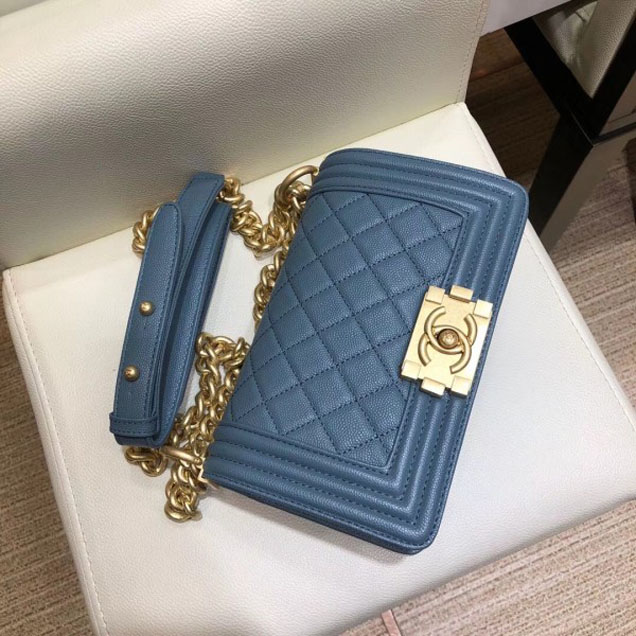 Chanel Small Boy Flap Shoulder Bag in Original Caviar Leather Denim Blue with Gold Hardware