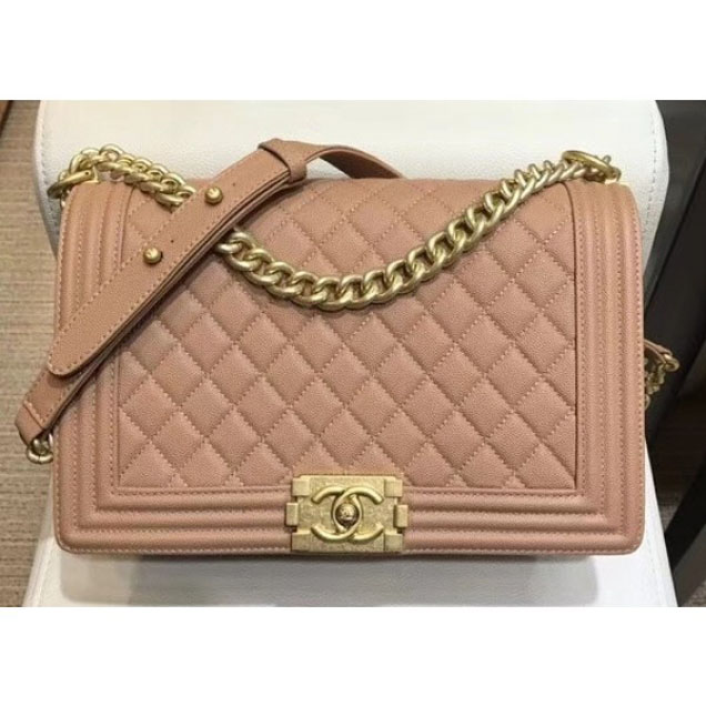 Chanel New Medium Boy Flap Shoulder Bag in Original Caviar Leather Apricot with Gold Hardware