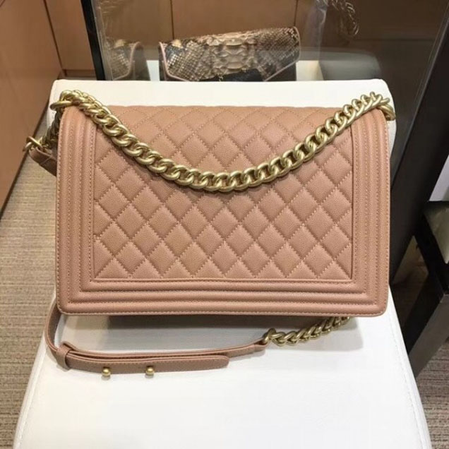 Chanel New Medium Boy Flap Shoulder Bag in Original Caviar Leather Apricot with Gold Hardware