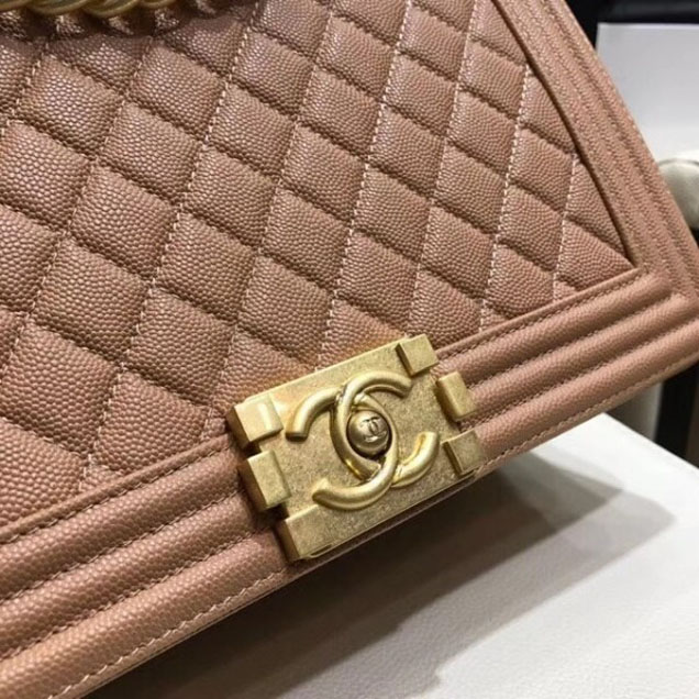 Chanel New Medium Boy Flap Shoulder Bag in Original Caviar Leather Apricot with Gold Hardware