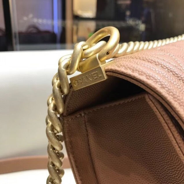 Chanel New Medium Boy Flap Shoulder Bag in Original Caviar Leather Apricot with Gold Hardware