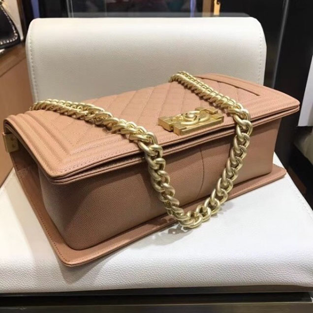 Chanel New Medium Boy Flap Shoulder Bag in Original Caviar Leather Apricot with Gold Hardware