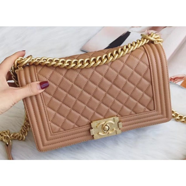 Chanel Medium Boy Flap Shoulder Bag A67086 in Original Caviar Leather Apricot with Gold Hardware