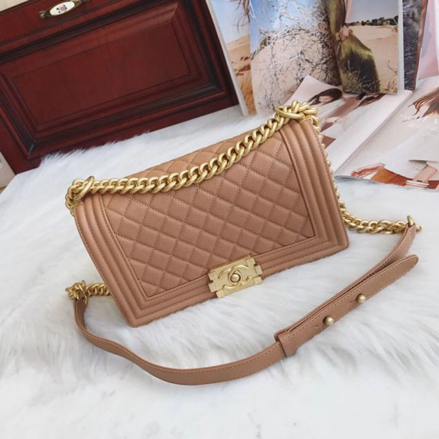 Chanel Medium Boy Flap Shoulder Bag A67086 in Original Caviar Leather Apricot with Gold Hardware