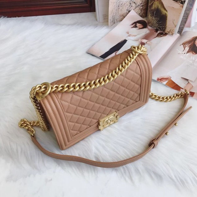 Chanel Medium Boy Flap Shoulder Bag A67086 in Original Caviar Leather Apricot with Gold Hardware