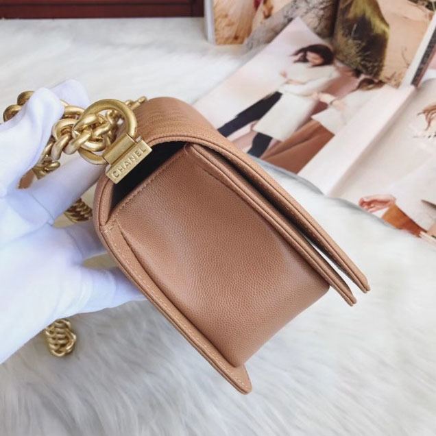 Chanel Medium Boy Flap Shoulder Bag A67086 in Original Caviar Leather Apricot with Gold Hardware