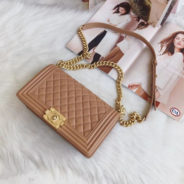 Chanel Medium Boy Flap Shoulder Bag A67086 in Original Caviar Leather Apricot with Gold Hardware