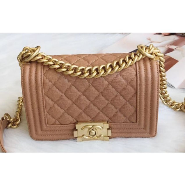 Chanel Small Boy Flap Shoulder Bag in Original Caviar Leather Apricot with Gold Hardware