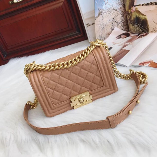 Chanel Small Boy Flap Shoulder Bag in Original Caviar Leather Apricot with Gold Hardware