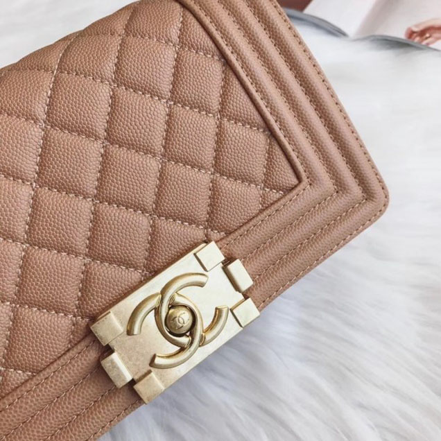 Chanel Small Boy Flap Shoulder Bag in Original Caviar Leather Apricot with Gold Hardware