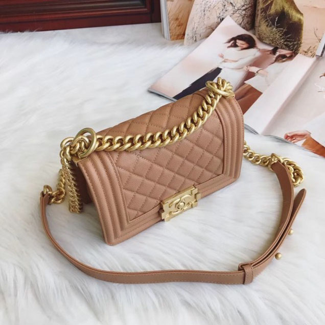 Chanel Small Boy Flap Shoulder Bag in Original Caviar Leather Apricot with Gold Hardware
