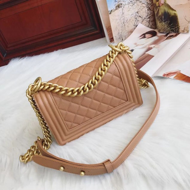 Chanel Small Boy Flap Shoulder Bag in Original Caviar Leather Apricot with Gold Hardware