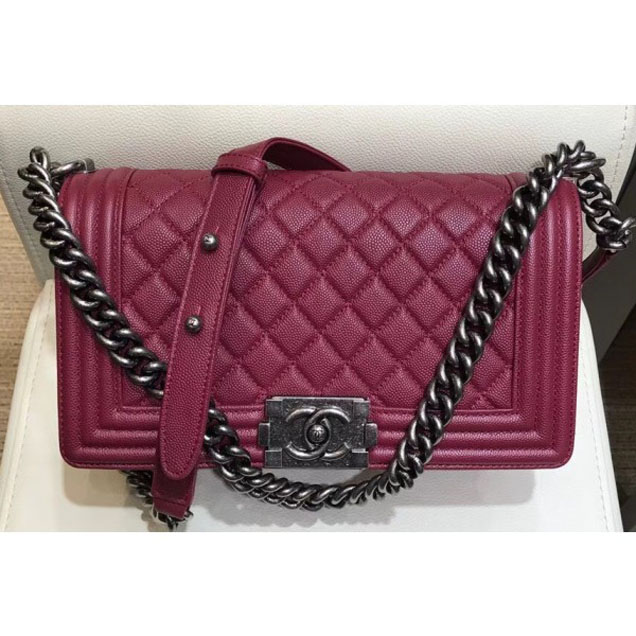 Chanel Medium Boy Flap Shoulder Bag A67086 in Original Caviar Leather Date Red with Silver Hardware