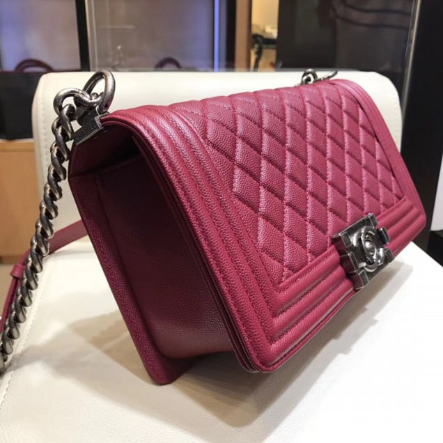Chanel Medium Boy Flap Shoulder Bag A67086 in Original Caviar Leather Date Red with Silver Hardware