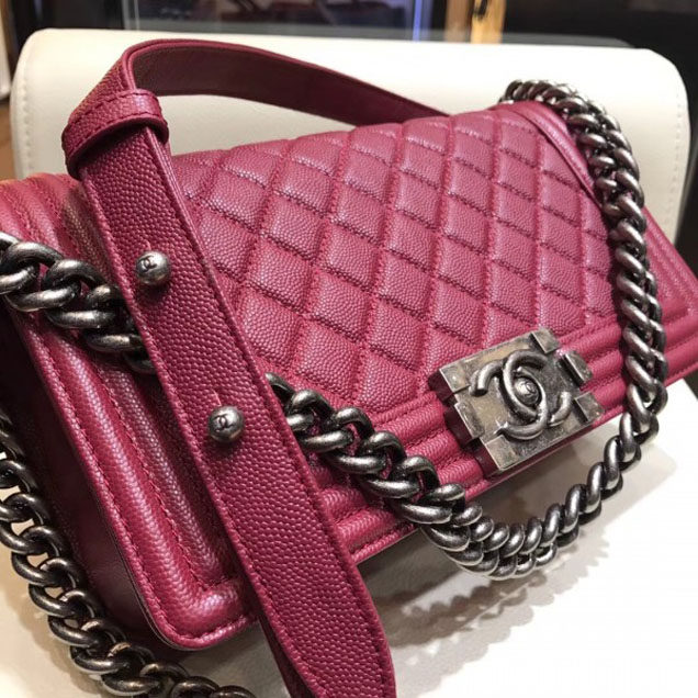 Chanel Medium Boy Flap Shoulder Bag A67086 in Original Caviar Leather Date Red with Silver Hardware