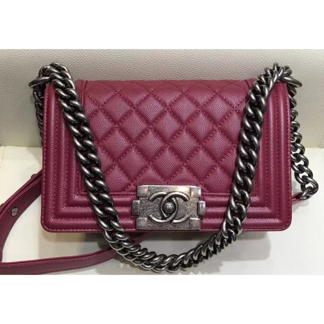 Chanel Small Boy Flap Shoulder Bag in Original Caviar Leather Date Red with Silver Hardware